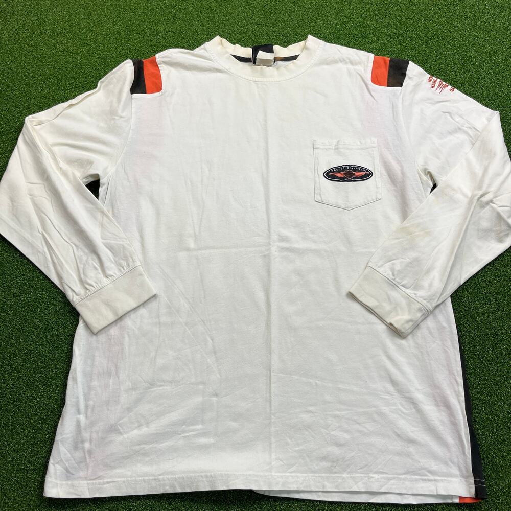 Vintage Harley Davidson White Long Sleeve Biker Performance Pocket T-Shirt Sz L